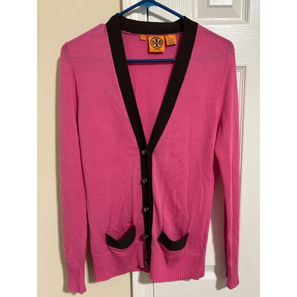 Tory Burch pink and Brown knit wool buttoned cardigan sz small